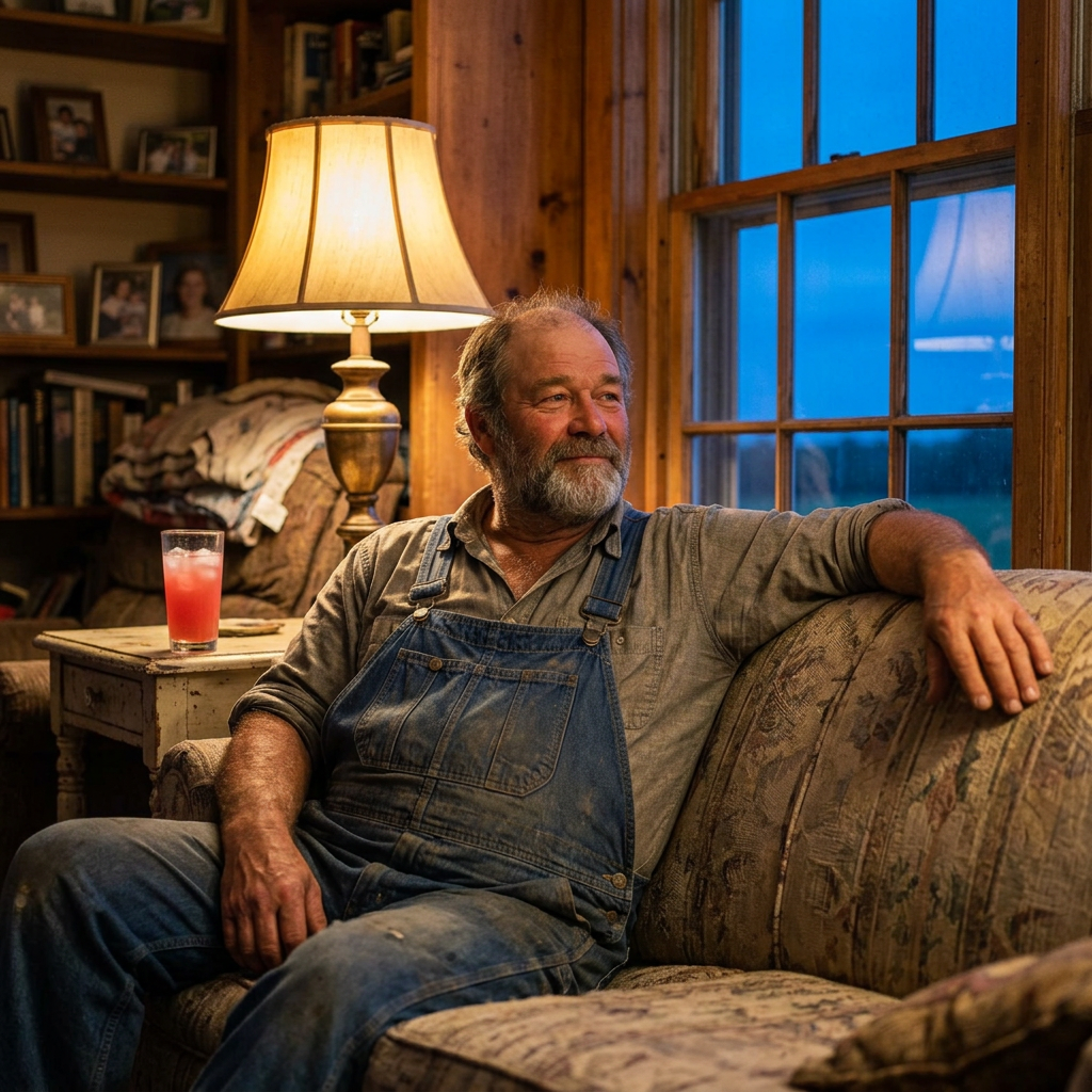 Le même agriculteur, sans sa casquette, détendu et éveillé sur son divan le soir, un verre rose sur la table à côté