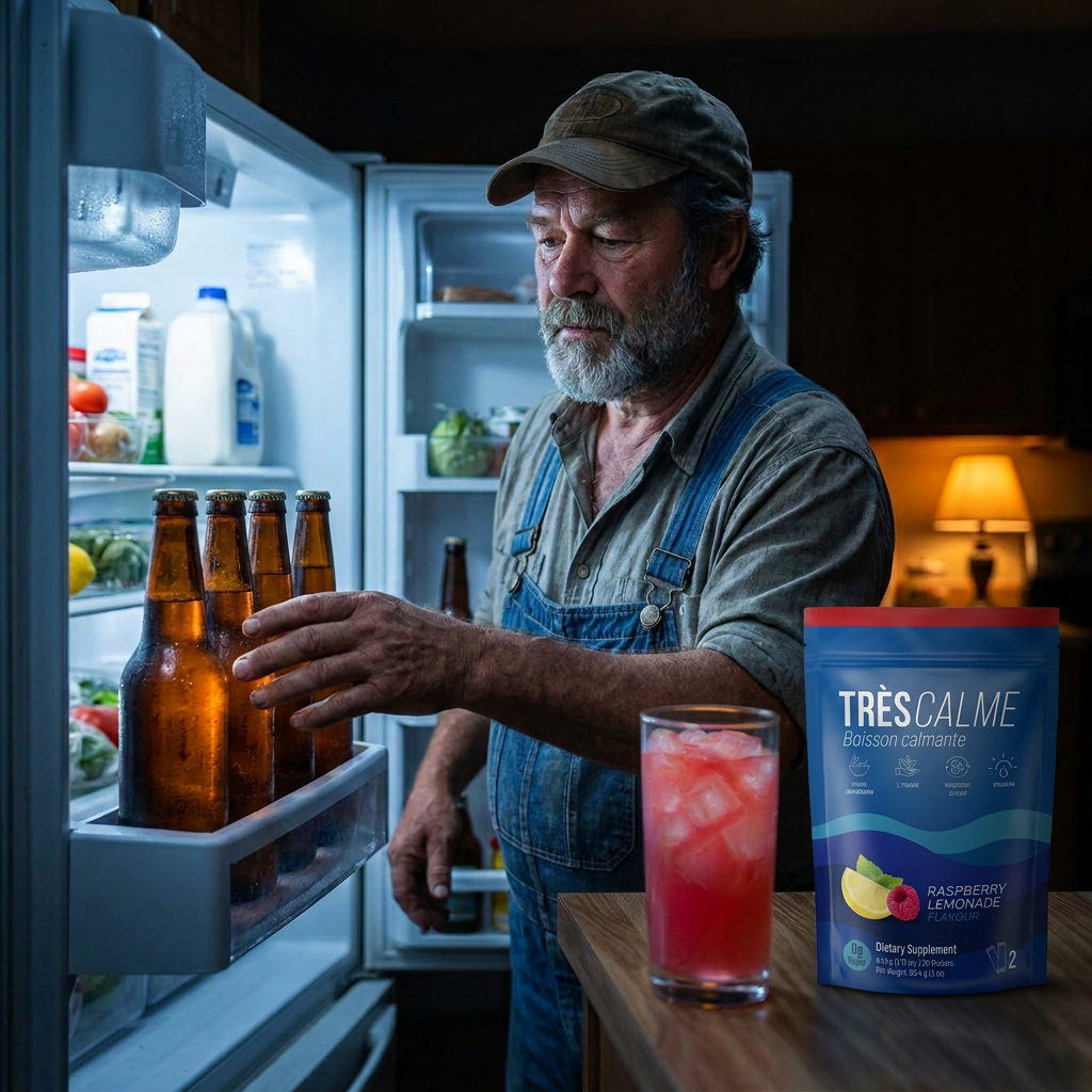 Le même agriculteur devant son réfrigérateur ouvert, des bouteilles de bière sur la tablette, un verre rose et le sac TrèsCalme sur le comptoir
