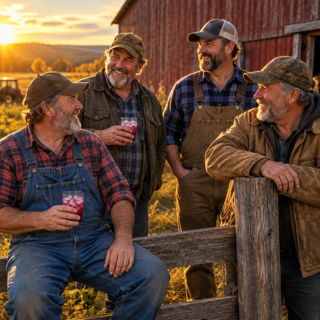 Scène illustrative : quatre agriculteurs québécois discutent devant une grange rouge au coucher du soleil, deux tiennent un verre rose
